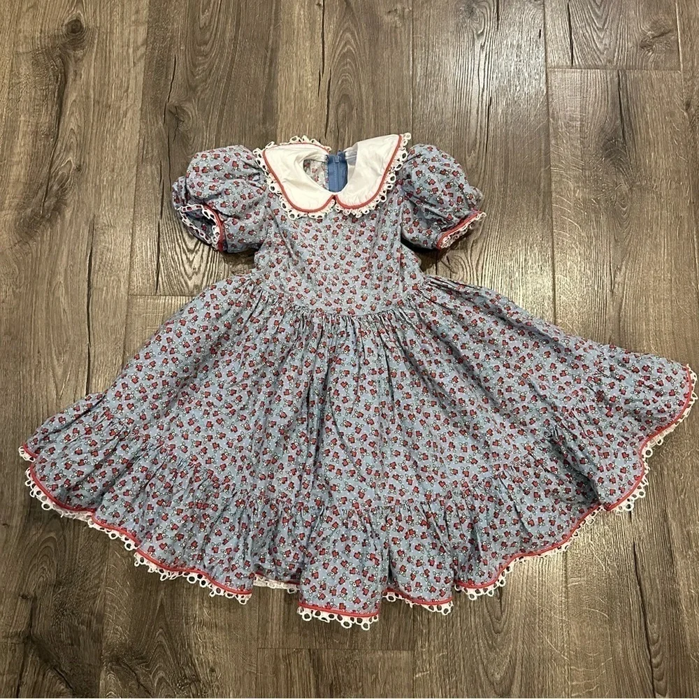 Vintage Daisy Kingdom Dress Floral Sz 2T Peter Pan Collar Eyelet Edge Petticoat